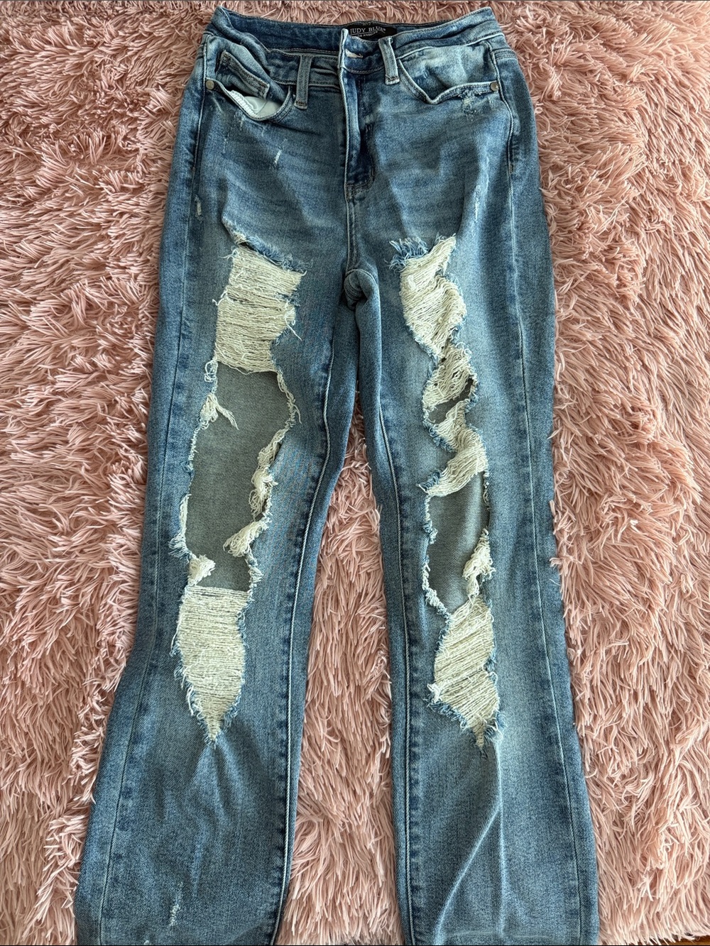Judy Blue Distressed Light Blue Flare Jeans